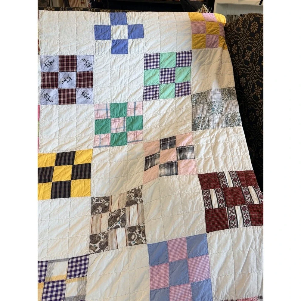 Early Antique Quilt  Nine Patch Hand Stitched 76